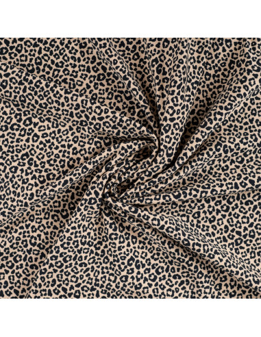 Tissu, French Terry Imprimé Léopard, Beige Taches Noires, Laize 150 cm, Coton Stretch Oeko-Tex