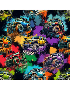 Tissu, French Terry Imprimé Monster Trucks, Multicolore sur Fond Noir, Laize 150 cm, Coton Polyester