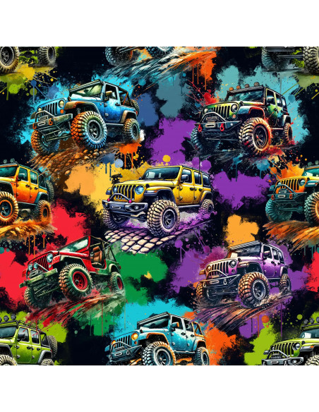 Tissu, French Terry Imprimé Monster Trucks, Multicolore sur Fond Noir, Laize 150 cm, Coton Polyester