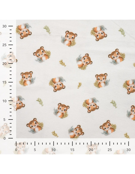 Tissu, Flanelle de Coton, Tigres Mignons, Écru, Laize 150 cm, 100% Coton 150g/m²
