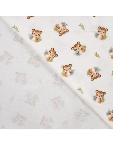 Tissu, Flanelle de Coton, Tigres Mignons, Écru, Laize 150 cm, 100% Coton 150g/m²
