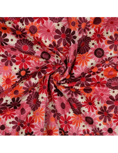 Tissu, Matelassé Velours Imprimé Floral, Fleurs Roses & Vives, Laize 135 cm, 100% Polyester 375g/m²