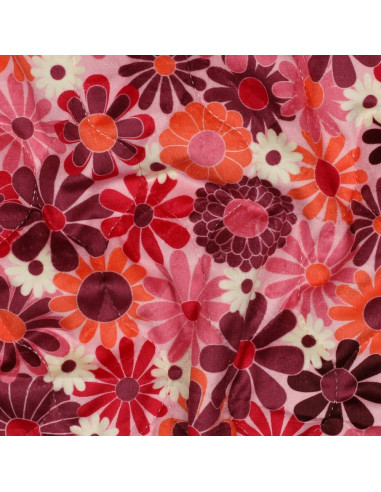 Tissu, Matelassé Velours Imprimé Floral, Fleurs Roses & Vives, Laize 135 cm, 100% Polyester 375g/m²