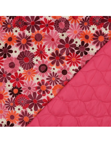 Tissu, Matelassé Velours Imprimé Floral, Fleurs Roses & Vives, Laize 135 cm, 100% Polyester 375g/m²