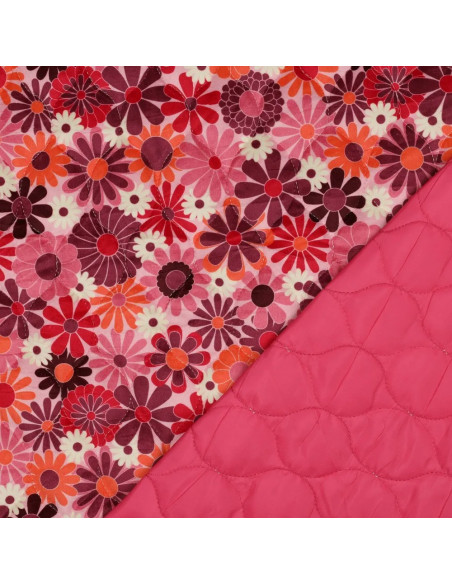 Tissu, Matelassé Velours Imprimé Floral, Fleurs Roses & Vives, Laize 135 cm, 100% Polyester 375g/m²