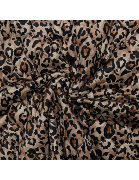 Tissu, Matelassé Velours Léopard, Beige Marron Noir, Laize 135 cm, 100% Polyester 375g/m²