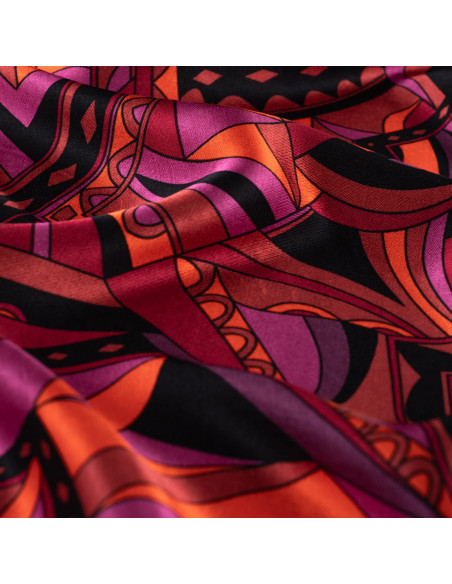 Tissu, Satin de Viscose Graphique Rétro, Multicolore sur Noir, Laize 140 cm, 100% Viscose 170g/m²