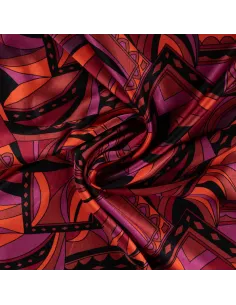 Tissu, Satin de Viscose Graphique Rétro, Multicolore sur Noir, Laize 140 cm, 100% Viscose 170g/m² 2