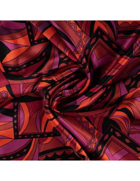 Tissu, Satin de Viscose Graphique Rétro, Multicolore sur Noir, Laize 140 cm, 100% Viscose 170g/m²