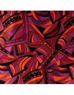 Tissu, Satin de Viscose Graphique Rétro, Multicolore sur Noir, Laize 140 cm, 100% Viscose 170g/m²