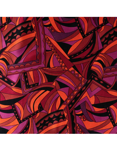 Tissu, Satin de Viscose Graphique Rétro, Multicolore sur Noir, Laize 140 cm, 100% Viscose 170g/m²