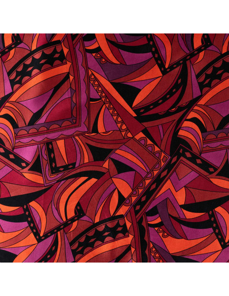 Tissu, Satin de Viscose Graphique Rétro, Multicolore sur Noir, Laize 140 cm, 100% Viscose 170g/m²
