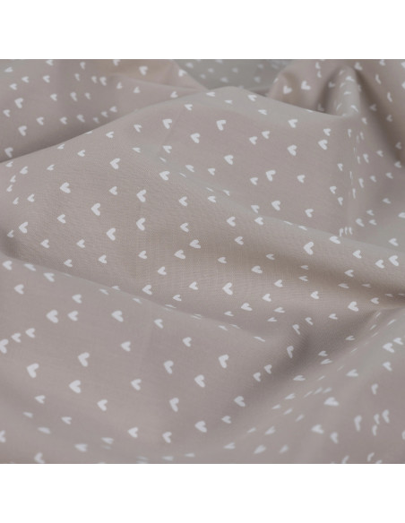 Tissu, Popeline de Coton Mini Cœurs, Gris Taupe, Laize 150 cm, 100% Coton 120g/m²