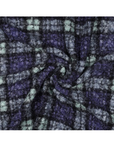Tissu, Lainage Bouclette Carreaux, Violet Vert, Laize 155 cm, 100% Polyester 340g/m²