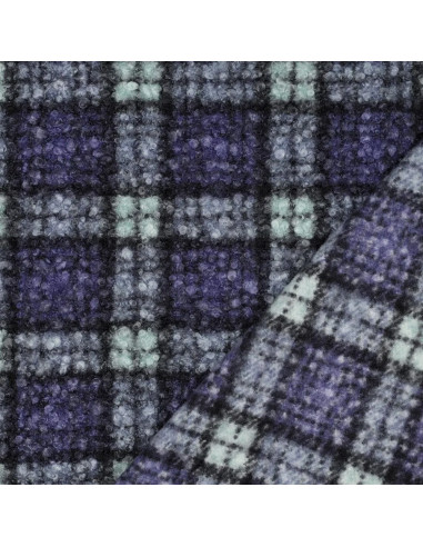 Tissu, Lainage Bouclette Carreaux, Violet Vert, Laize 155 cm, 100% Polyester 340g/m²