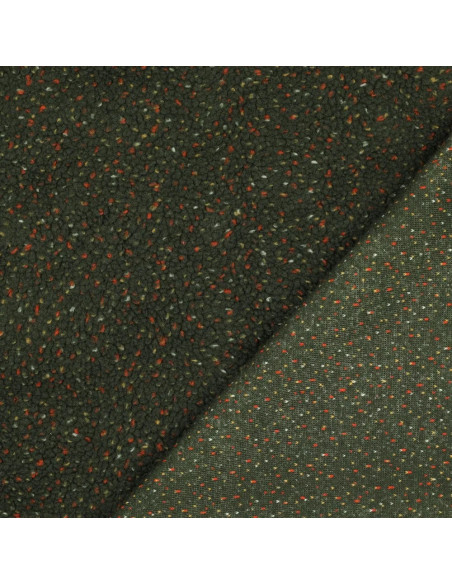 Tissu, Lainage Teddy Moucheté, Vert Kaki, Laize 160 cm, 100% Polyester 340g/m²