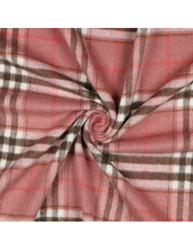 Tissu, Tartan Écossais, Rose Poudré, Brun et Rouge Vif, Laize 150 cm, Polyester et Viscose 420g/m²
