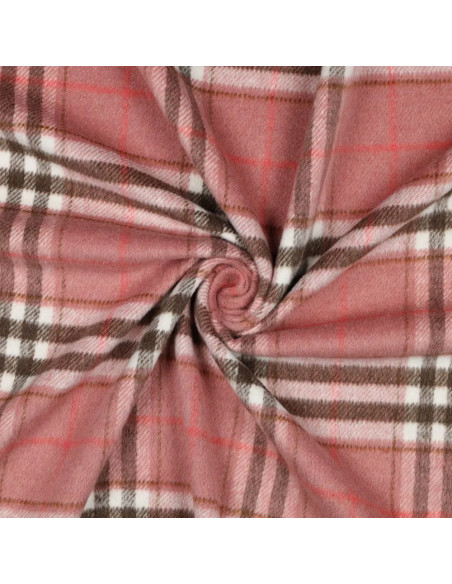 Tissu, Tartan Écossais, Rose Poudré, Brun et Rouge Vif, Laize 150 cm, Polyester et Viscose 420g/m²