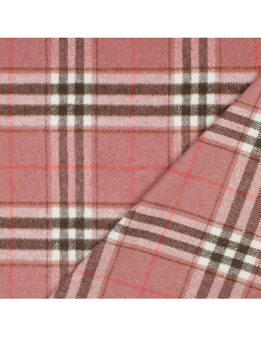 Tissu, Tartan Écossais, Rose Poudré, Brun et Rouge Vif, Laize 150 cm, Polyester et Viscose 420g/m²