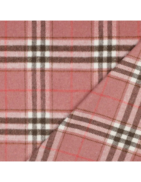 Tissu, Tartan Écossais, Rose Poudré, Brun et Rouge Vif, Laize 150 cm, Polyester et Viscose 420g/m²