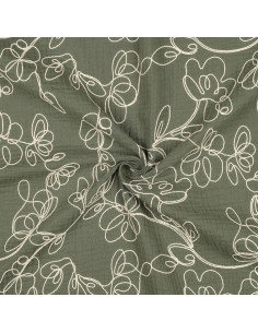 Tissu, Double Gaze Brodée Fleurs, Vert Kaki et Crème, Laize 120 cm, 100% Coton 153g/m² 2