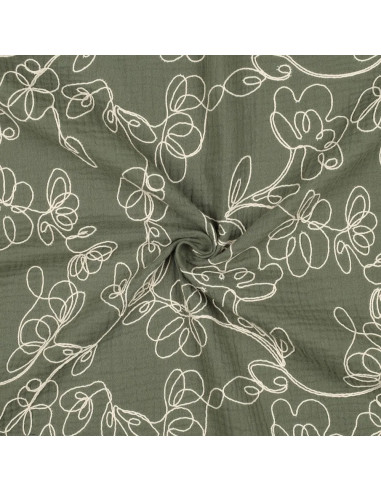 Tissu, Double Gaze Brodée Fleurs, Vert Kaki et Crème, Laize 120 cm, 100% Coton 153g/m²
