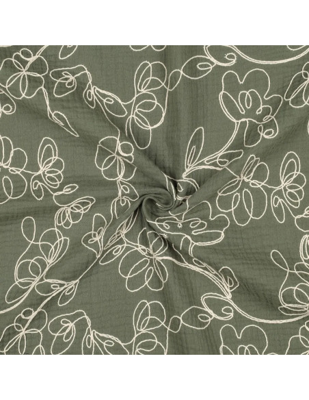 Tissu, Double Gaze Brodée Fleurs, Vert Kaki et Crème, Laize 120 cm, 100% Coton 153g/m²