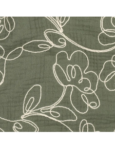 Tissu, Double Gaze Brodée Fleurs, Vert Kaki et Crème, Laize 120 cm, 100% Coton 153g/m²