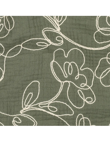 Tissu, Double Gaze Brodée Fleurs, Vert Kaki et Crème, Laize 120 cm, 100% Coton 153g/m²