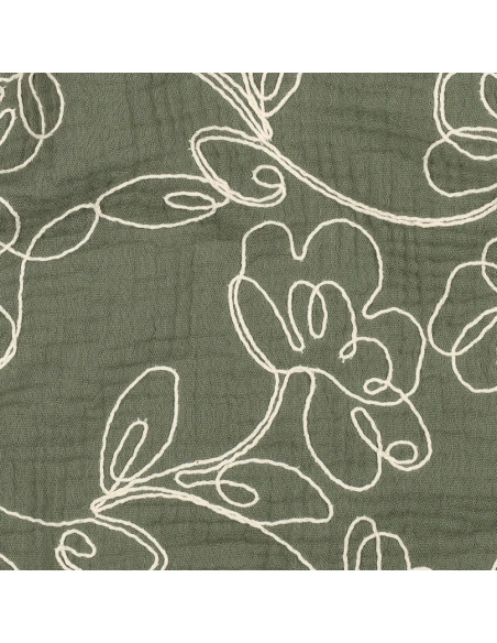Tissu, Double Gaze Brodée Fleurs, Vert Kaki et Crème, Laize 120 cm, 100% Coton 153g/m²