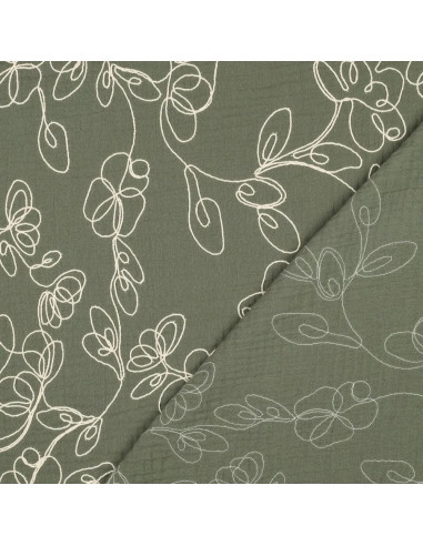 Tissu, Double Gaze Brodée Fleurs, Vert Kaki et Crème, Laize 120 cm, 100% Coton 153g/m²