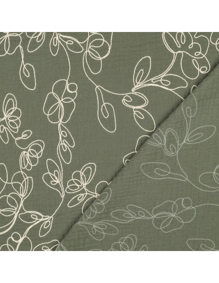 Tissu, Double Gaze Brodée Fleurs, Vert Kaki et Crème, Laize 120 cm, 100% Coton 153g/m²