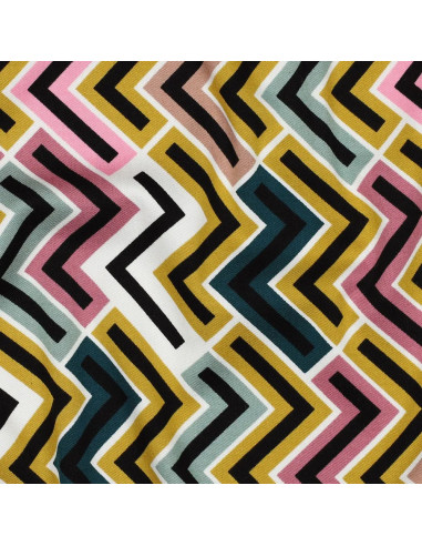 Tissu, Sergé de Viscose Stretch Géométrique, Multi-couleur, Laize 140 cm, 97% Viscose 3% Spandex 180g/m²