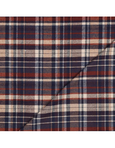 Tissu, Flanelle Jacquard Tartan Écossais, Marine, Beige, Bordeaux et Blanc, Laize 145 cm, 100% Coton 150g/m²