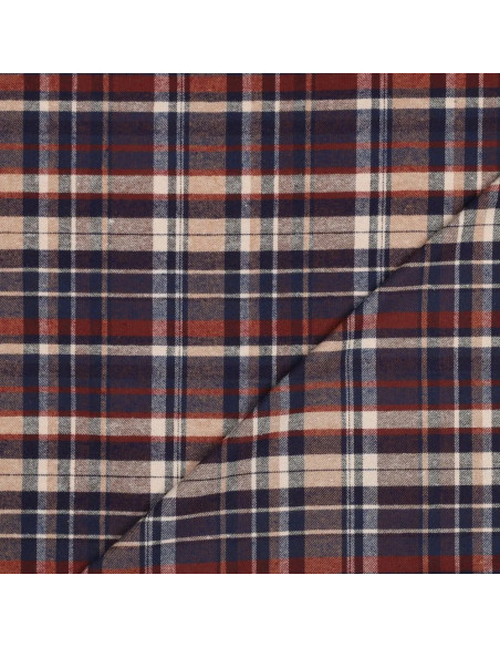 Tissu, Flanelle Jacquard Tartan Écossais, Marine, Beige, Bordeaux et Blanc, Laize 145 cm, 100% Coton 150g/m²