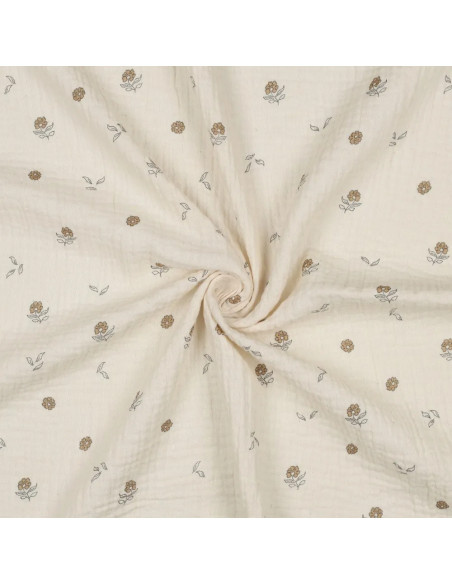 Tissu, Double Gaze Petites Fleurs, Crème Naturel Fleuri Ocre, Laize 135 cm, 100% Coton 125g/m²