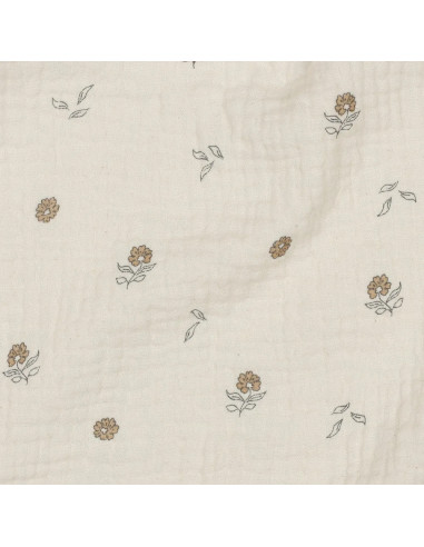 Tissu, Double Gaze Petites Fleurs, Crème Naturel Fleuri Ocre, Laize 135 cm, 100% Coton 125g/m²