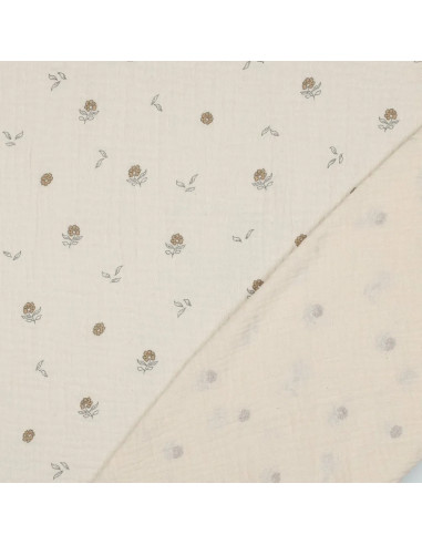Tissu, Double Gaze Petites Fleurs, Crème Naturel Fleuri Ocre, Laize 135 cm, 100% Coton 125g/m²