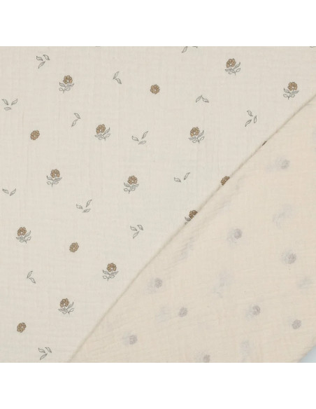 Tissu, Double Gaze Petites Fleurs, Crème Naturel Fleuri Ocre, Laize 135 cm, 100% Coton 125g/m²
