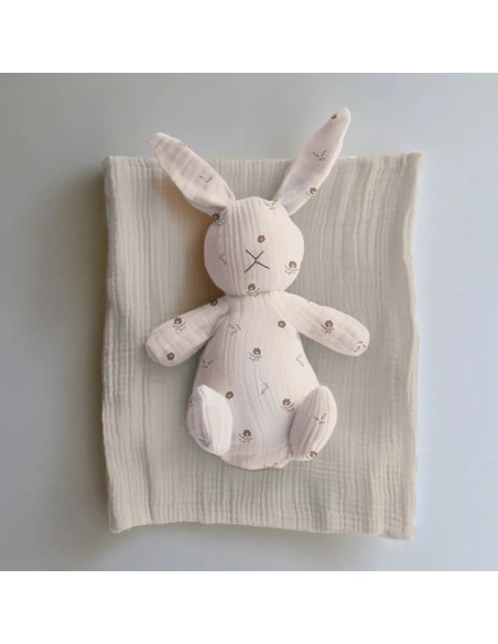 Tissu, Double Gaze Petites Fleurs, Crème Naturel Fleuri Ocre, Laize 135 cm, 100% Coton 125g/m²