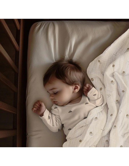 Tissu, Double Gaze Petites Fleurs, Crème Naturel Fleuri Ocre, Laize 135 cm, 100% Coton 125g/m²