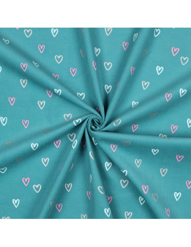 Tissu, Velours Milleraies Cœurs, Bleu Canard, Laize 143 cm, 100% Coton 145g/m²