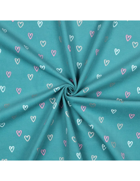 Tissu, Velours Milleraies Cœurs, Bleu Canard, Laize 143 cm, 100% Coton 145g/m²