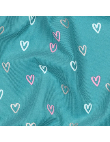 Tissu, Velours Milleraies Cœurs, Bleu Canard, Laize 143 cm, 100% Coton 145g/m²