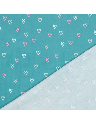 Tissu, Velours Milleraies Cœurs, Bleu Canard, Laize 143 cm, 100% Coton 145g/m²
