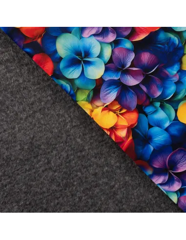 Tissu, Sweat Molletonné Digital, Pensées Multicolores, Laize non spécifiée, Polyester Coton Spandex 380g/m²