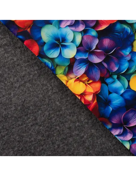 Tissu, Sweat Molletonné Digital, Pensées Multicolores, Laize non spécifiée, Polyester Coton Spandex 380g/m²