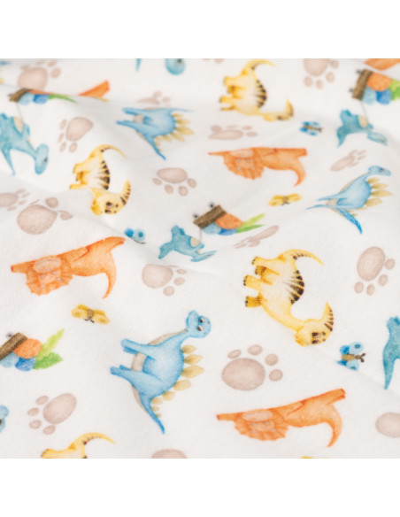 Tissu, Flanelle de Coton Imprimée Dinosaures, Multicolore sur Blanc Cassé, Laize 150 cm, 100% Coton 150g/m²