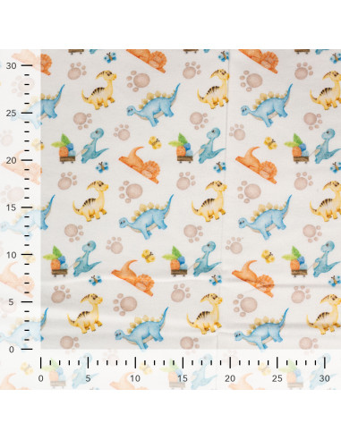 Tissu, Flanelle de Coton Imprimée Dinosaures, Multicolore sur Blanc Cassé, Laize 150 cm, 100% Coton 150g/m²