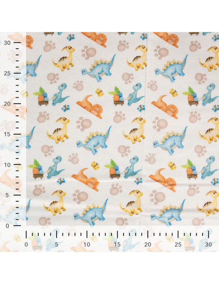 Tissu, Flanelle de Coton Imprimée Dinosaures, Multicolore sur Blanc Cassé, Laize 150 cm, 100% Coton 150g/m²